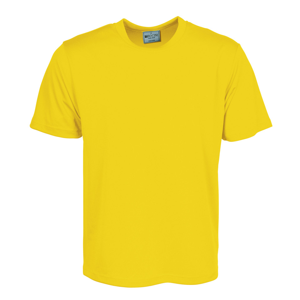 Sunshine yellow unisex crew neck short sleeve tee with smooth micromesh fabric, flat front panel, packshot