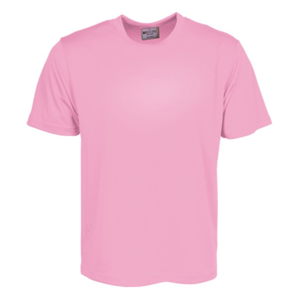 Carnation pink micromesh short sleeve t-shirt with crew neck and smooth flat front panel