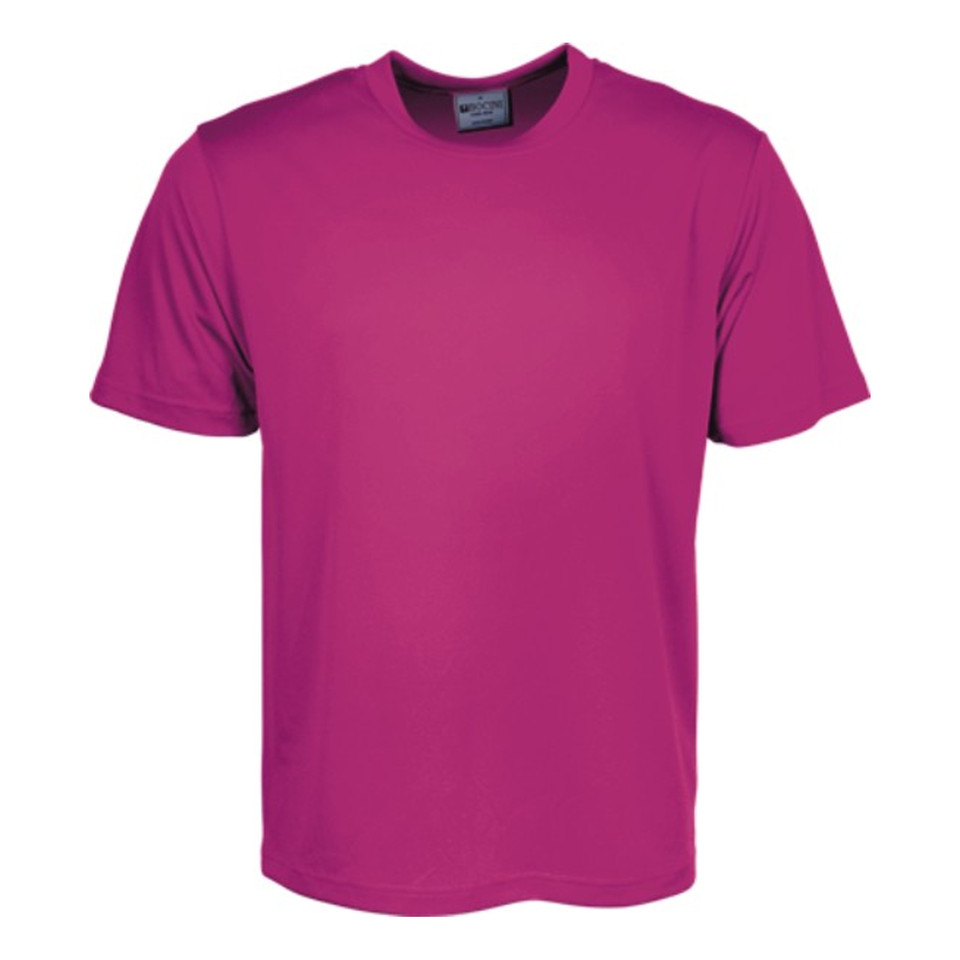 Magenta kids' performance tee with crew neck and contrast navy collar trim in quick-dry micromesh fabric