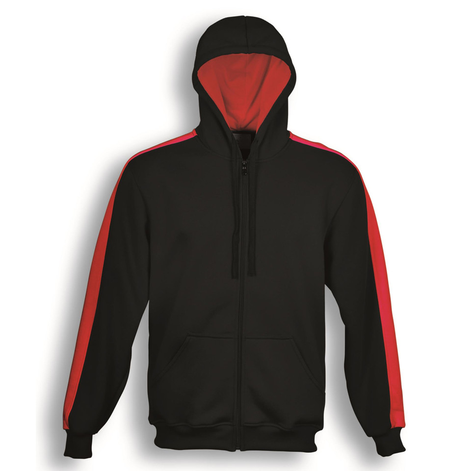 Black zip-up hoodie with red contrast panels on sleeves and hood lining