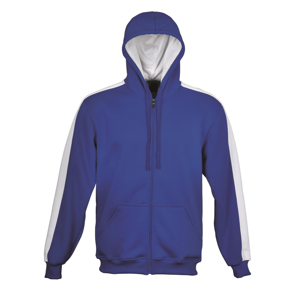 Royal blue zip-up hoodie with white contrast sleeves and grey hood lining, kangaroo pocket, ribbed cuffs and hem