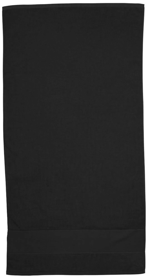 Black cotton velour beach towel with ribbed hem detail displayed flat