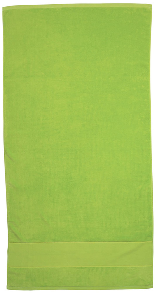Lime green cotton velour beach towel with woven border stripe, flat lay packshot