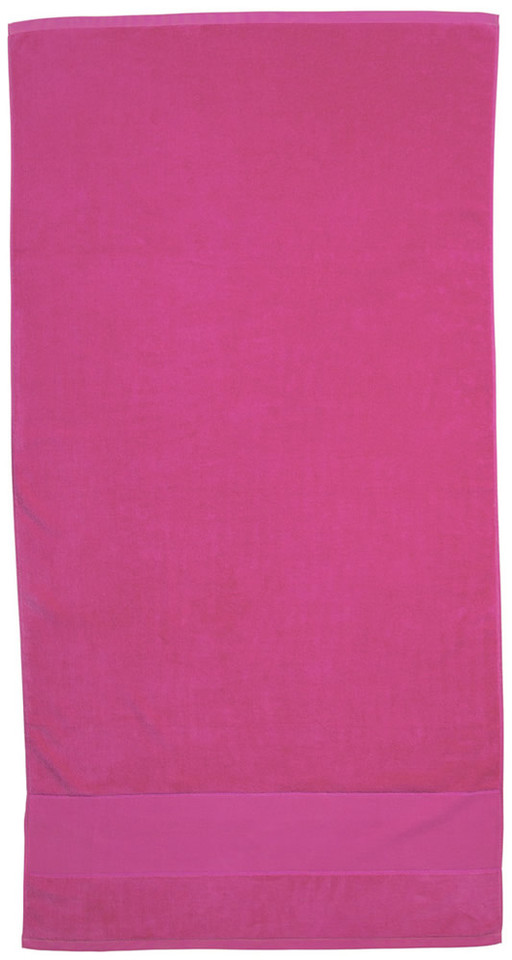 Fuchsia pink cotton velour beach towel with woven border panel, flat lay packshot
