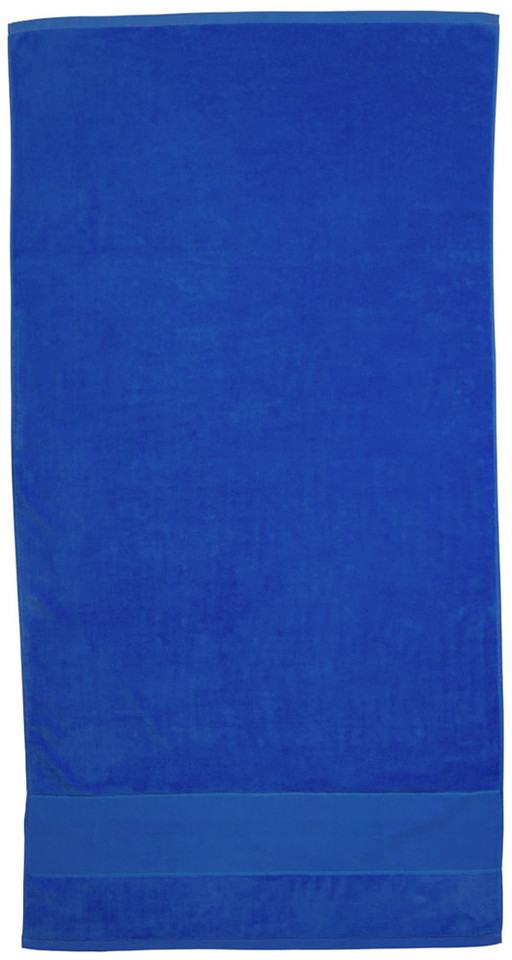 Royal blue cotton velour beach towel with contrasting navy horizontal stripe at base