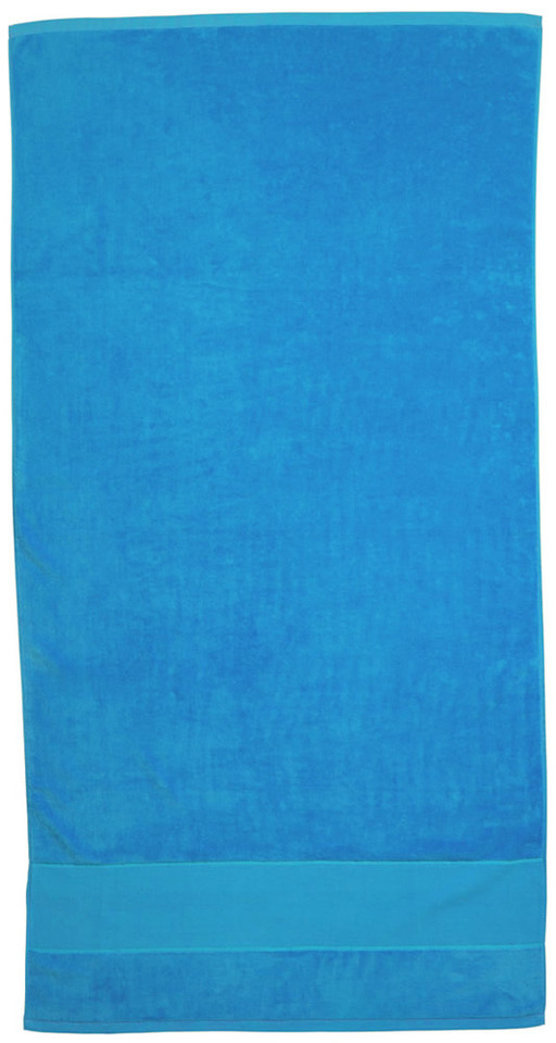 Cyan blue cotton velour beach towel with woven border stripe, flat lay packshot