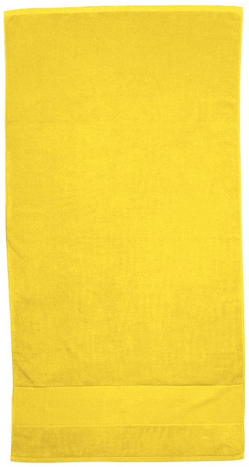 Flat lay of a sunflower yellow cotton velour beach towel with woven border hem