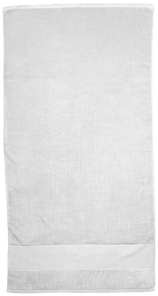 White cotton velour beach towel with decorative horizontal stripe panel near hem