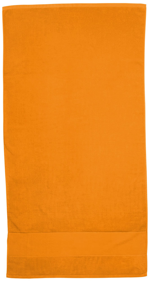 Tangerine orange cotton velour beach towel flat lay with woven border hem panel