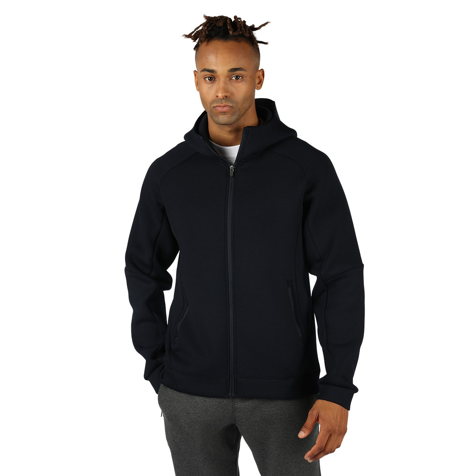 Black zip-up hoodie with high neckline and front pockets on male model