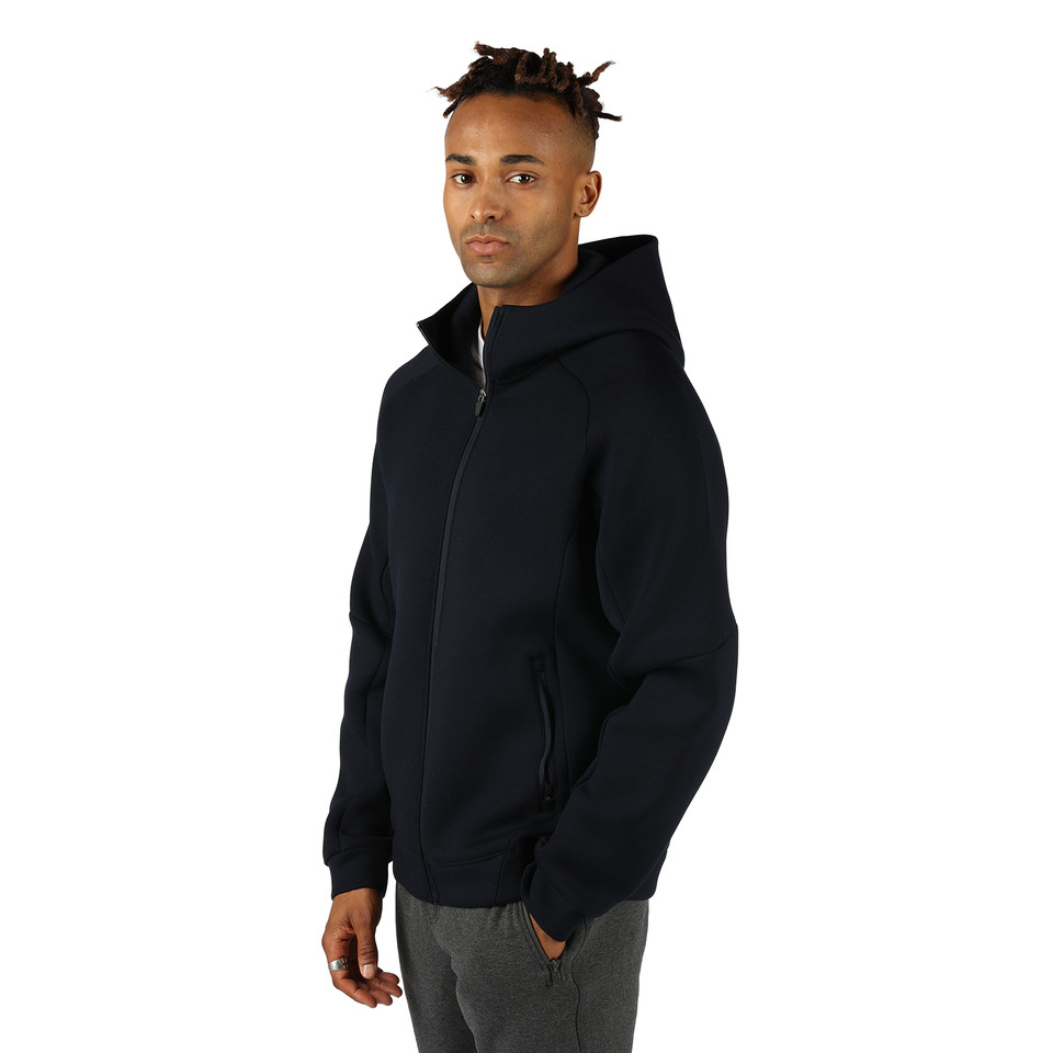 Black zip-up hooded jacket with high neckline, front pockets, and thick fleece construction
