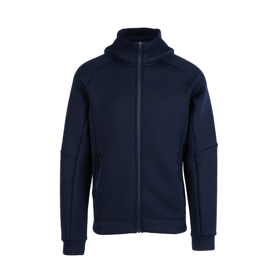 Navy hooded jacket with full zip closure and ribbed cuffs, featuring raglan sleeves and front pockets