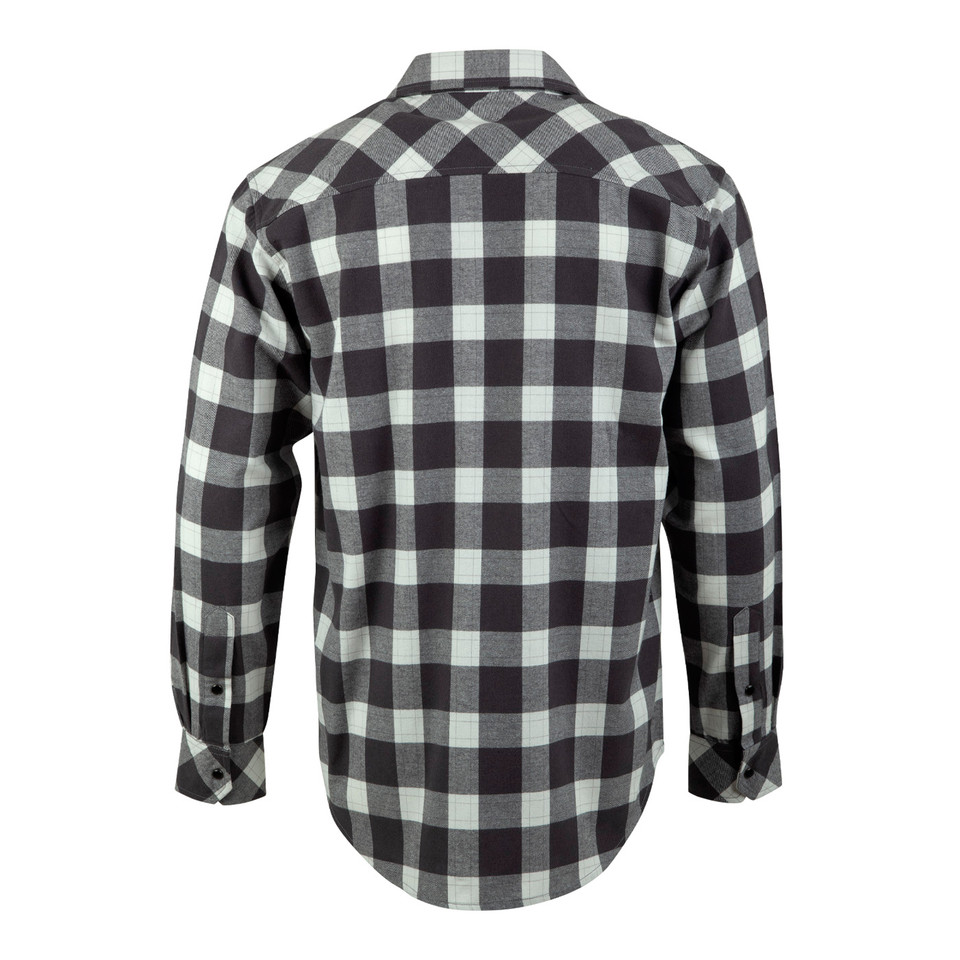 Back view of charcoal grey and white buffalo check flannel shirt with chest pockets and long sleeves