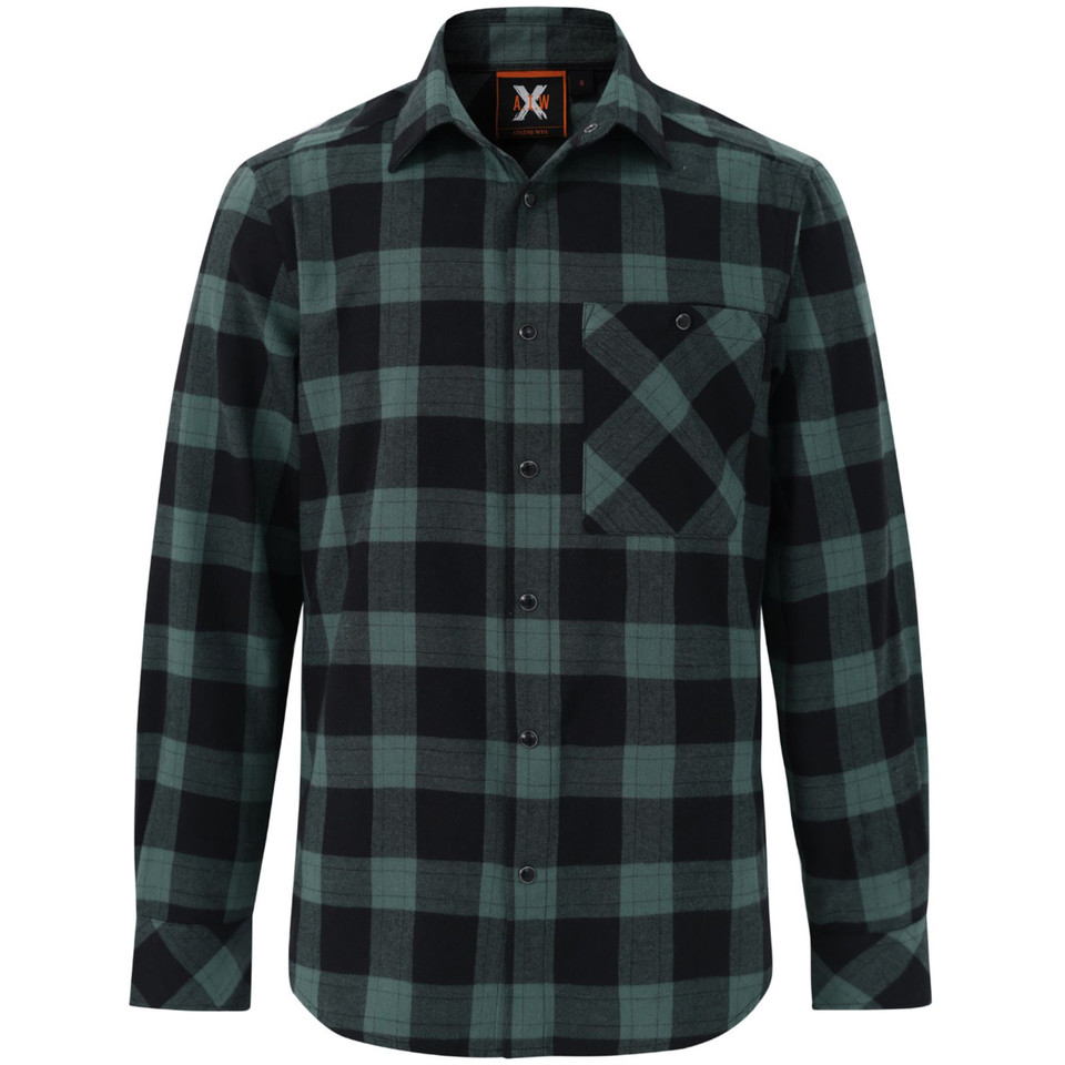 Unisex long sleeve flannel shirt in a black moss plaid pattern, featuring a button-up front and single chest pocket