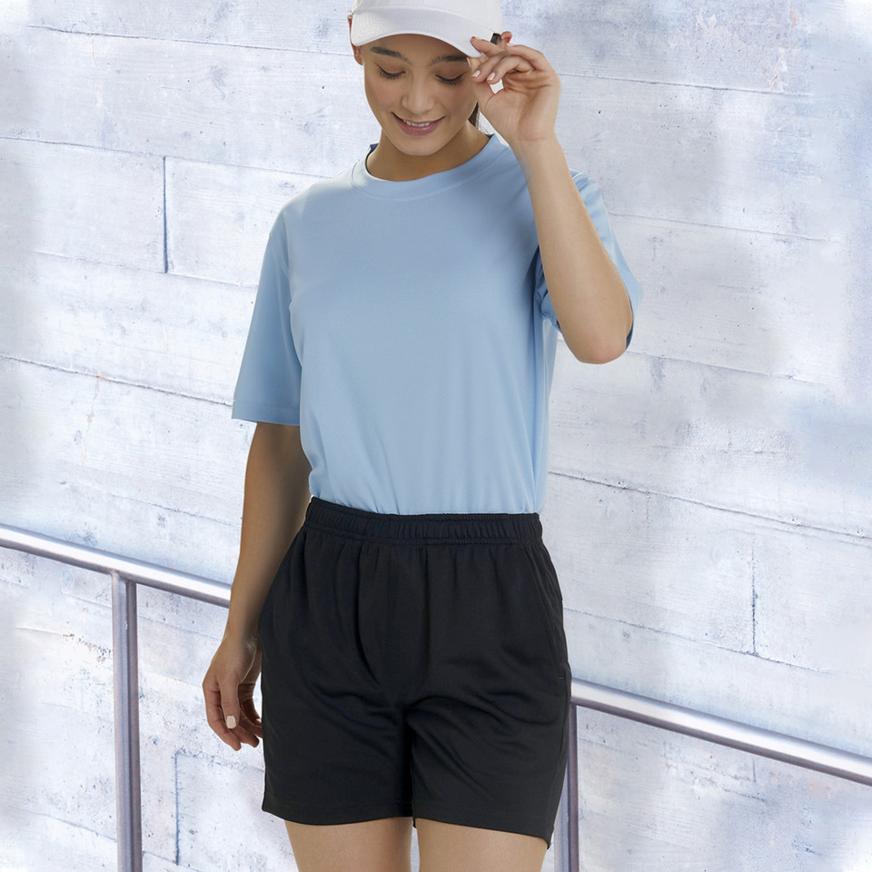 Black bamboo charcoal shorts with elasticated waist paired with sky blue cropped tee