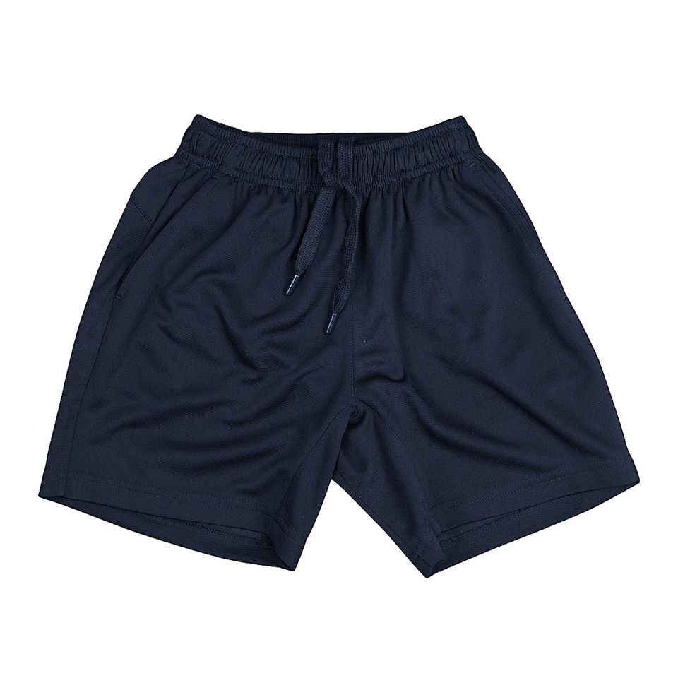 Navy athletic shorts with elastic waistband and drawstring cord, front view showing smooth bamboo charcoal fabric