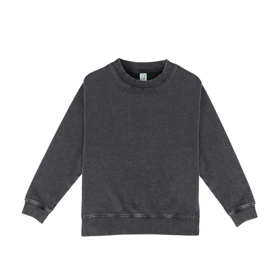 Charcoal grey stonewashed crew neck sweater with contrast stitching and ribbed cuffs
