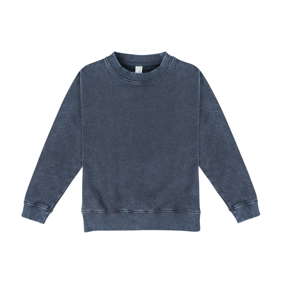 Slate blue stone washed crew neck sweater with ribbed cuffs and hem featuring vintage faded finish
