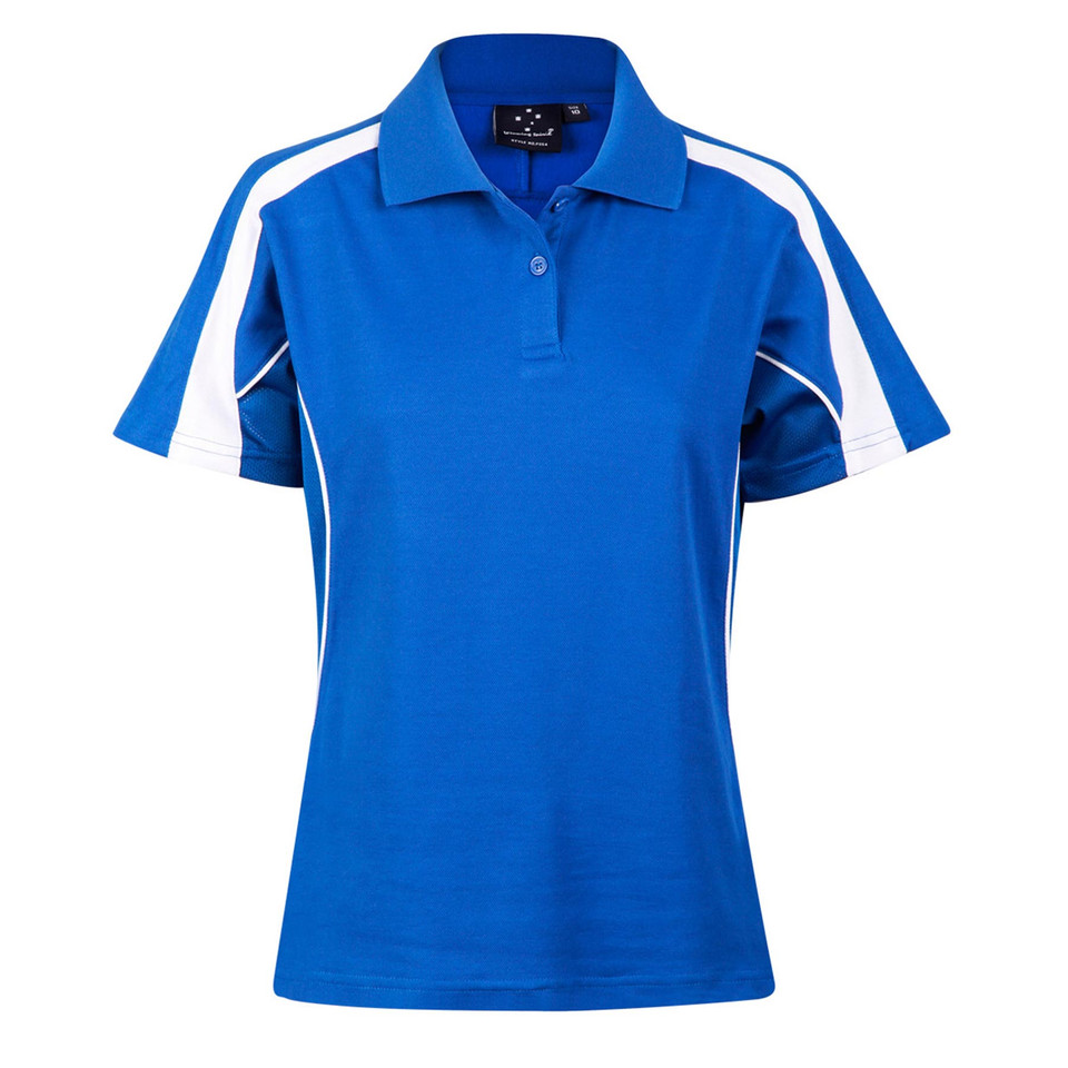 Royal blue ladies polo shirt with white shoulder panels and contrast piping detail