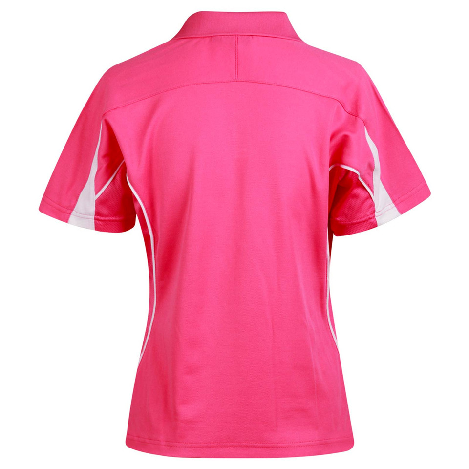 Hot pink ladies polo shirt with white contrast panels on sides and sleeves, viewed from back