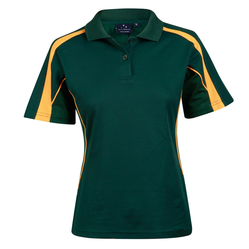 Ladies bottle green and gold contrast sport polo with side panels and three-button placket