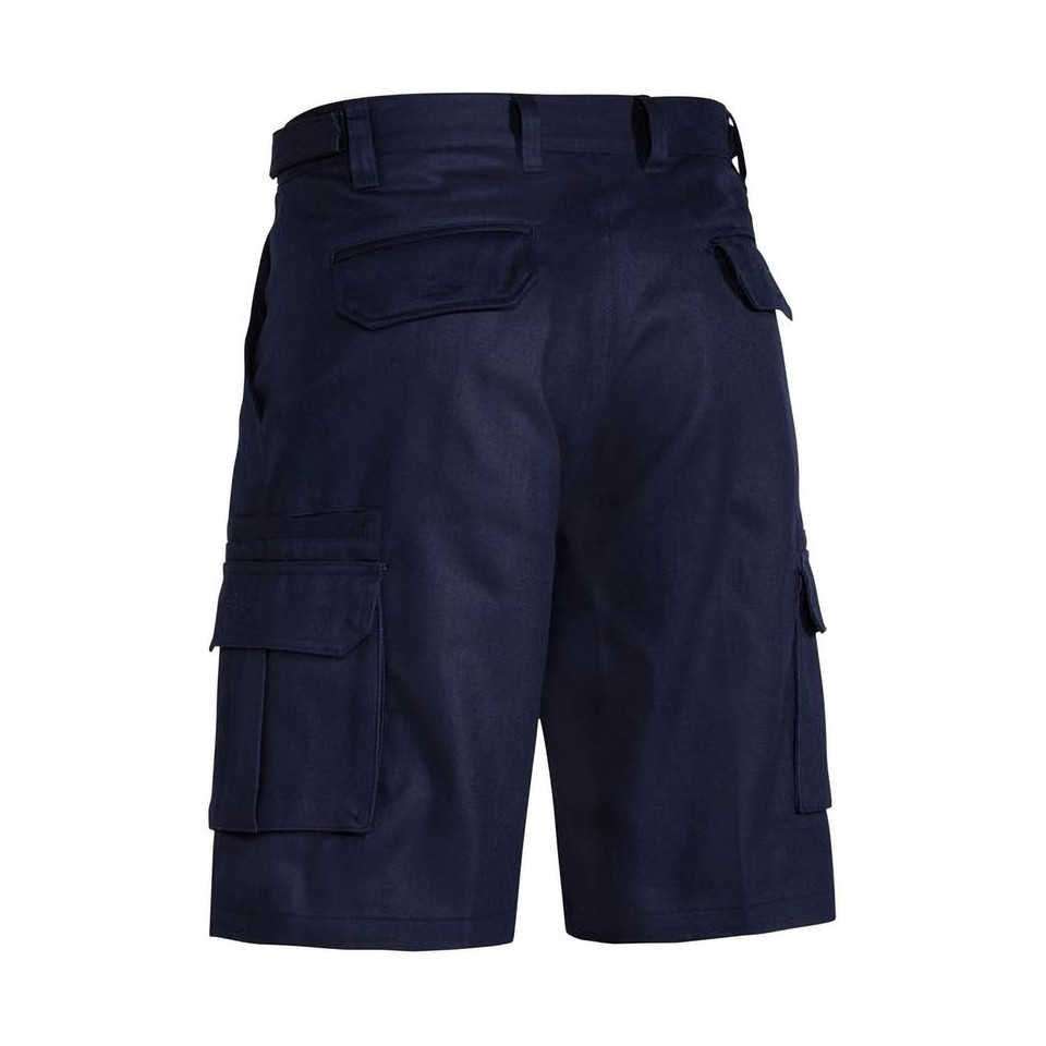 Navy cargo shorts with multiple utility pockets including side cargo pockets and rear pockets with belt loops