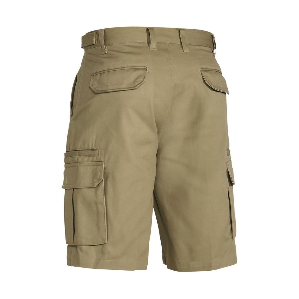 Khaki cargo shorts with multiple flap pockets and belt loops, rear three-quarter view showing pocket details
