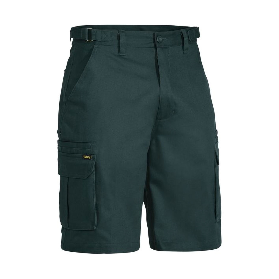 Bottle green men's cargo shorts with eight pockets, belt loops, and branded tab detail on thigh pocket