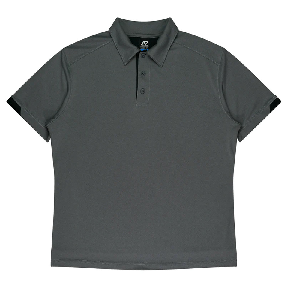 Charcoal grey performance polo with black contrast sleeve cuffs and button placket