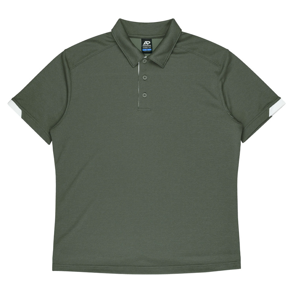 Olive green polo shirt with white contrast sleeve cuffs and three-button placket