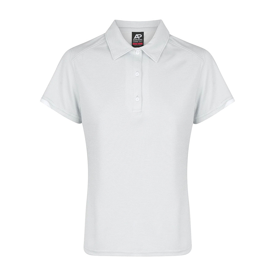 White ladies polo shirt with collar and button placket featuring short sleeves and moisture-wicking fabric