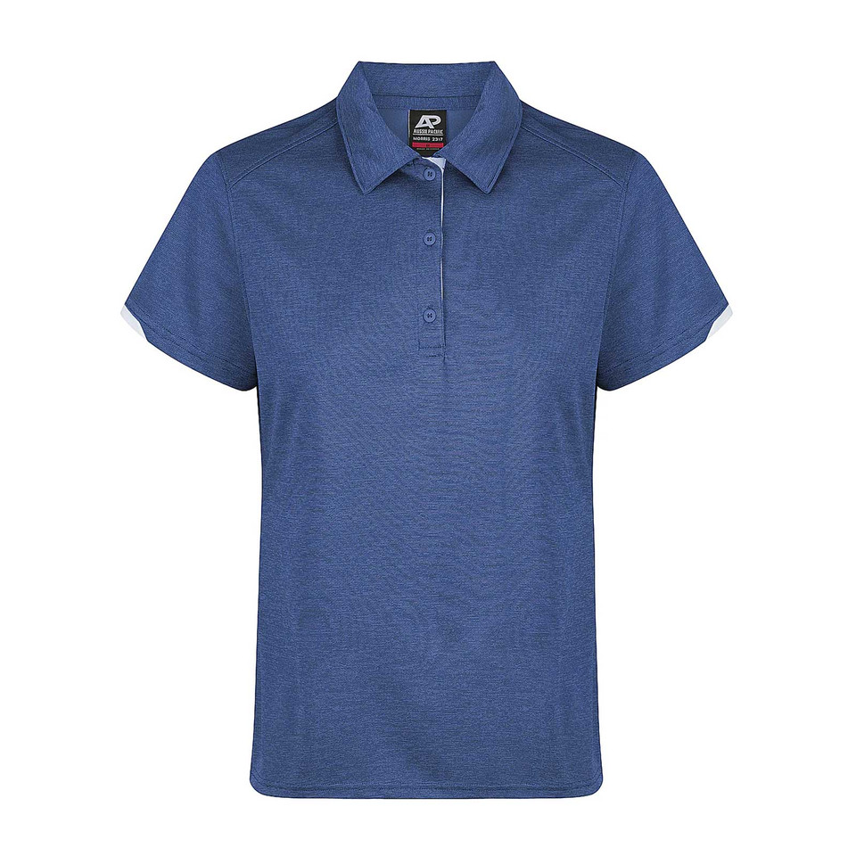 Navy blue ladies polo shirt with contrast button placket and short sleeves featuring subtle textured fabric
