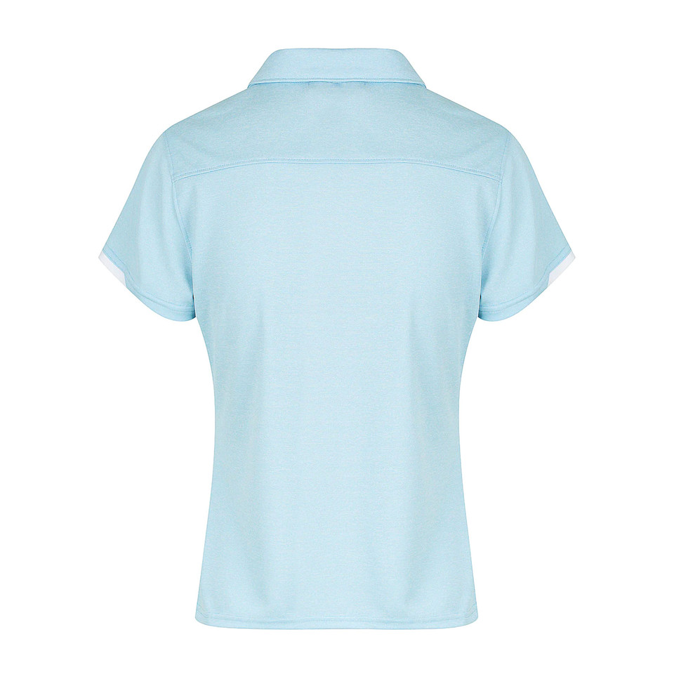 Sky blue women's polo shirt back view with contrast stitching and short sleeves