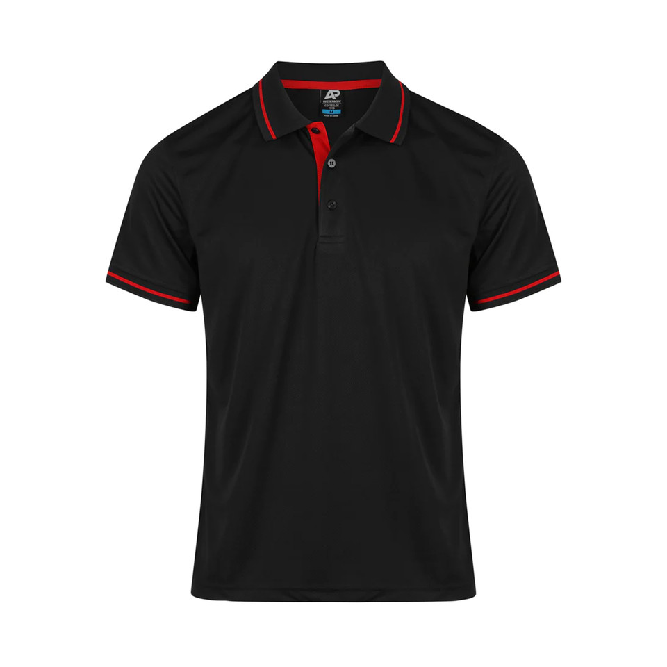 Black mesh polo shirt with red contrast tipping on collar and sleeves