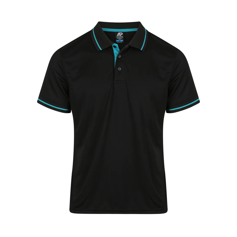 Black poly mesh polo shirt with turquoise contrast tipping on collar and sleeves