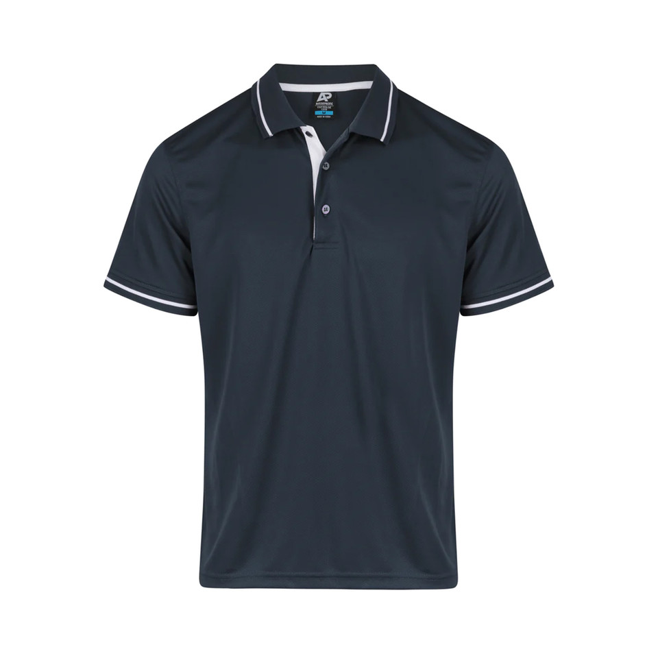 Navy mesh polo with white contrast tipping on collar and sleeves