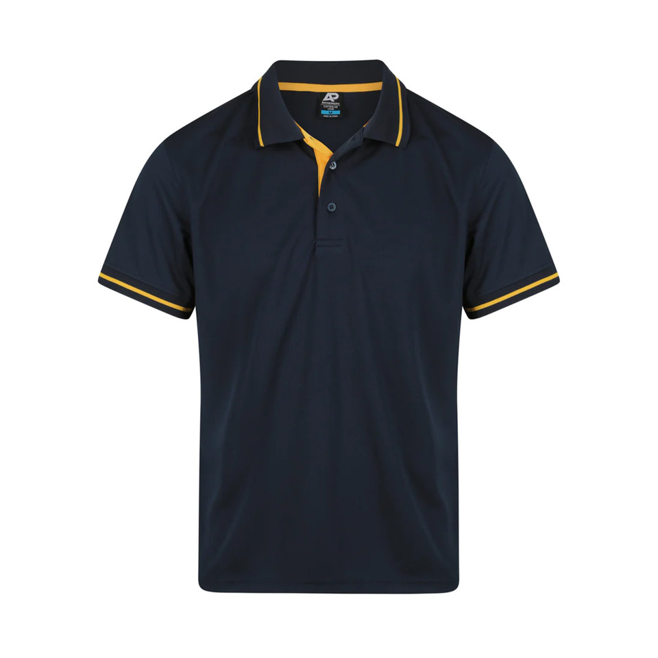 Navy polo shirt with gold contrast piping on collar and sleeves