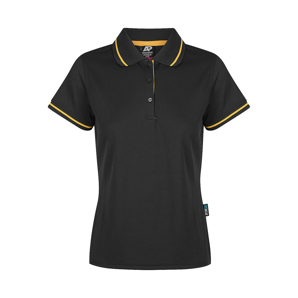 Black + Gold Cottes Women's Contrast Mesh Knit Poly Polo Shirt, a breathable, moisture-wicking top with contrasting trim, ideal for corporate or team uniforms.