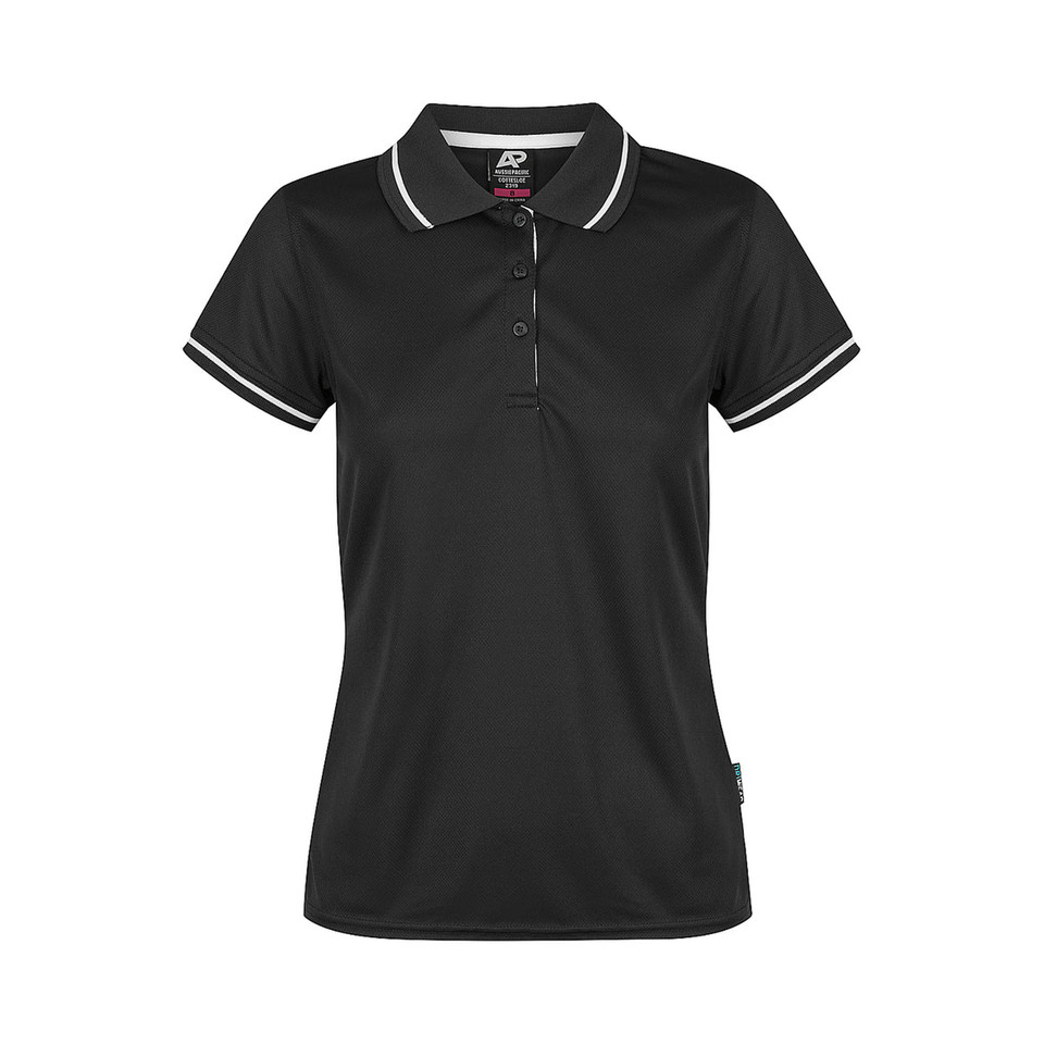 Black + White Cottes Women's Contrast Mesh Knit Poly Polo Shirt, a breathable, moisture-wicking top with contrasting trim, ideal for corporate or team uniforms.
