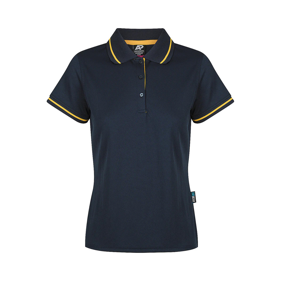 Navy women's polo shirt with gold contrast tipping on collar and sleeves