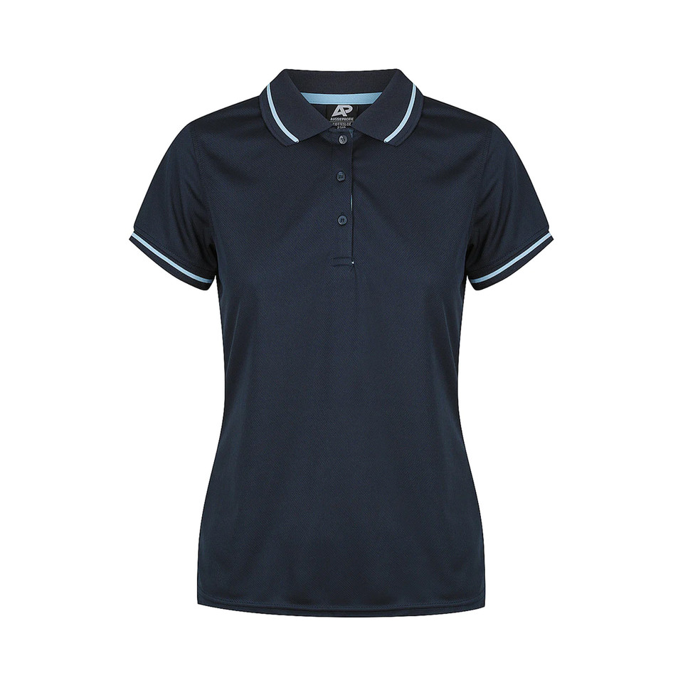 Navy women's polo shirt with white contrast trim on collar and sleeves featuring button placket