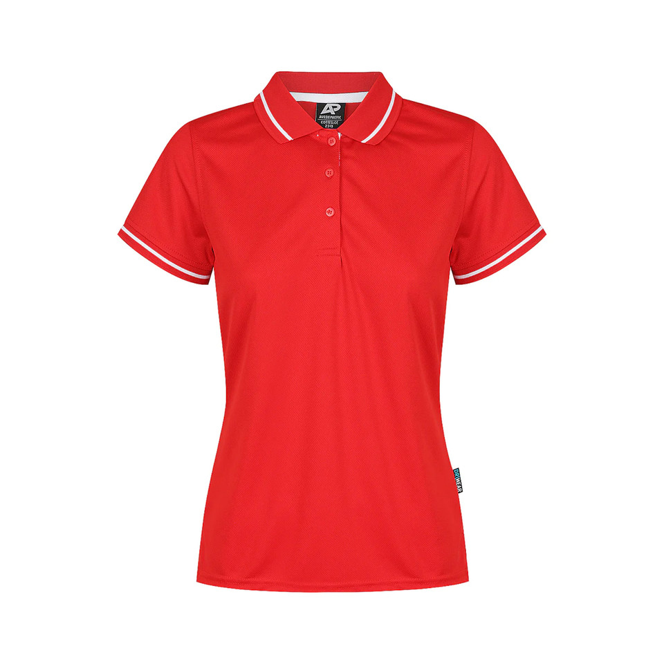 Red + White Cottes Women's Contrast Mesh Knit Poly Polo Shirt, a breathable, moisture-wicking top with contrasting trim, ideal for corporate or team uniforms.