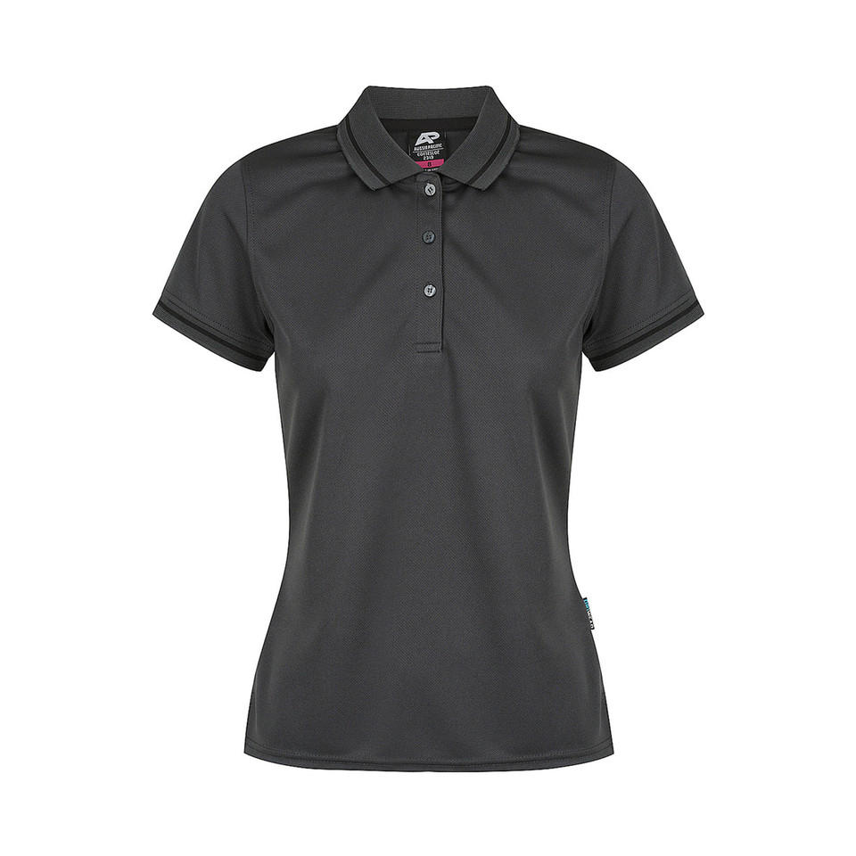 Slate Grey + Black Cottes Women's Contrast Mesh Knit Poly Polo Shirt, a breathable, moisture-wicking top with contrasting trim, ideal for corporate or team uniforms.