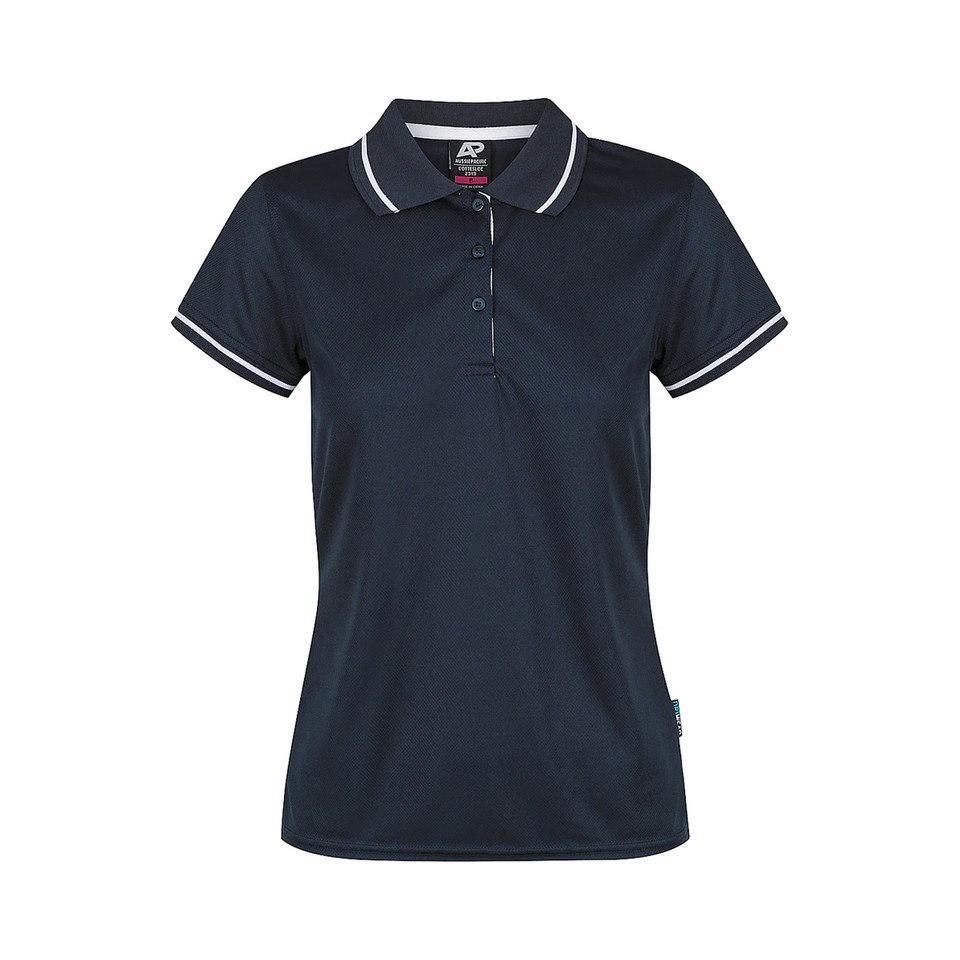 Navy women's polo with white contrast tipping on collar and sleeve cuffs, featuring mesh knit construction