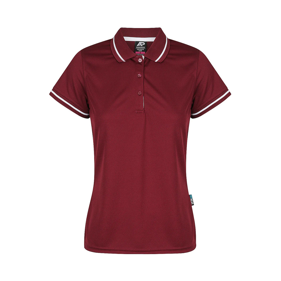 Maroon women's polo shirt with white contrast tipping on collar and sleeves