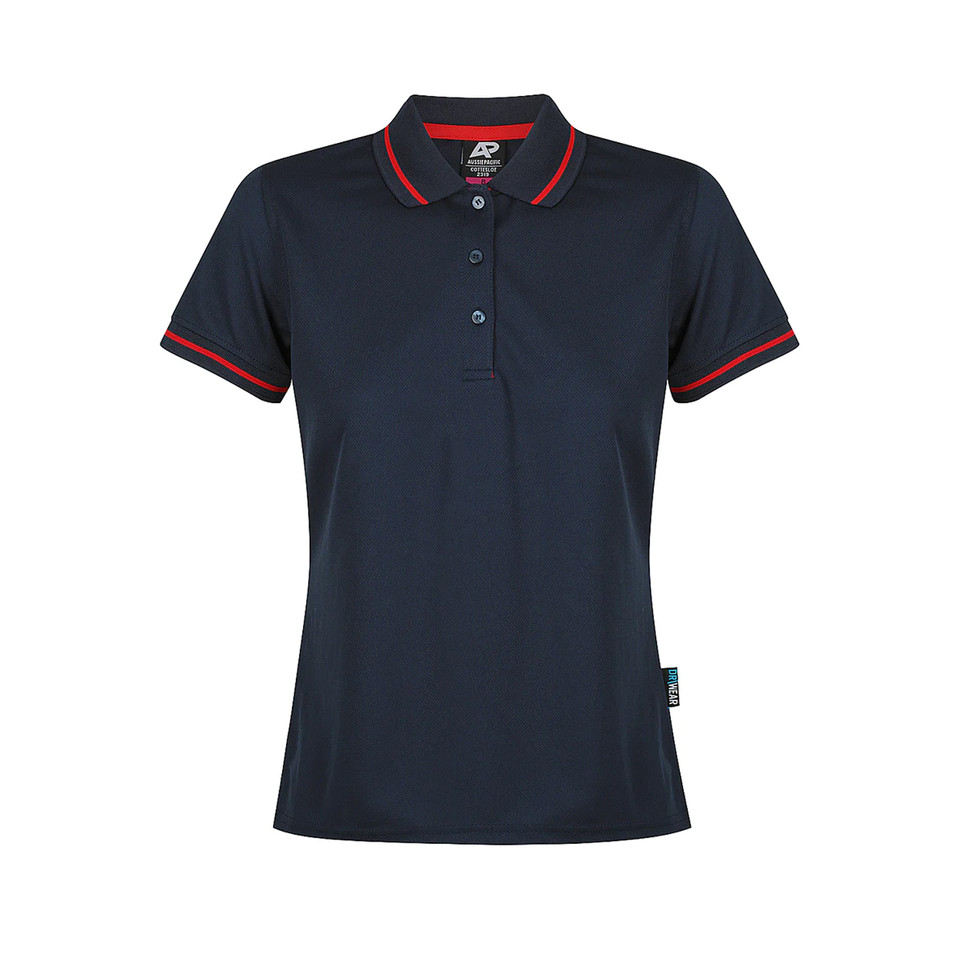 Navy women's polo shirt with red contrast tipping on collar and sleeves
