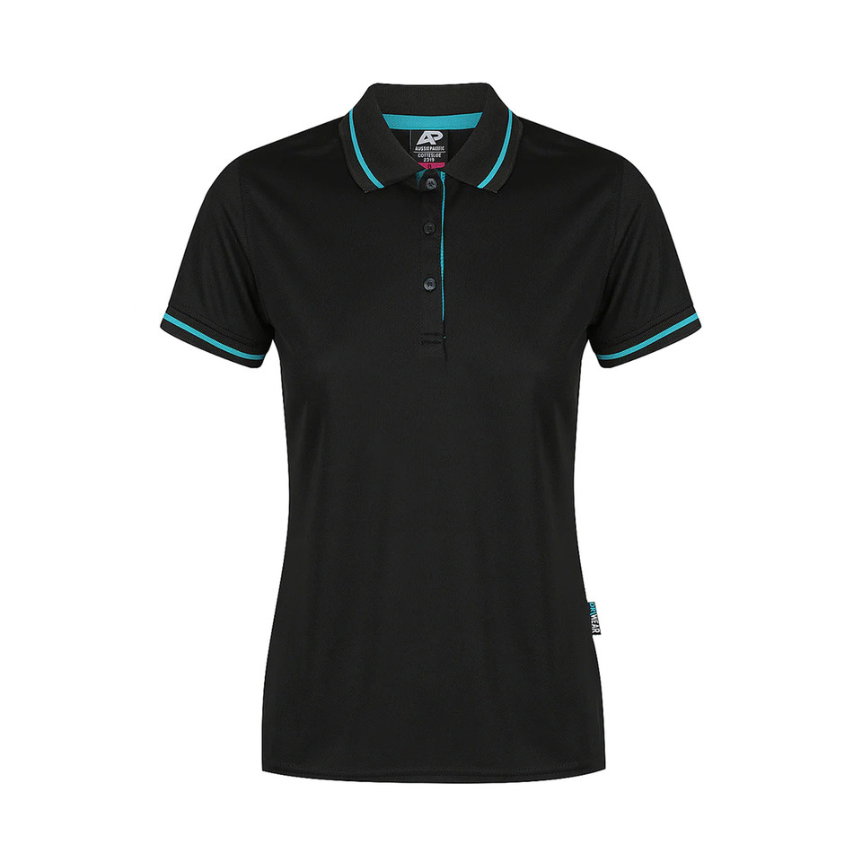 Black + Teal Cottes Women's Contrast Mesh Knit Poly Polo Shirt, a breathable, moisture-wicking top with contrasting trim, ideal for corporate or team uniforms.