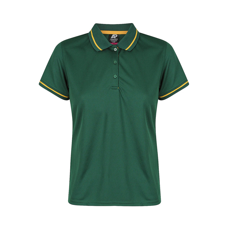 Women's bottle green poly polo shirt with gold tipped collar and matching sleeve cuffs, three-button placket
