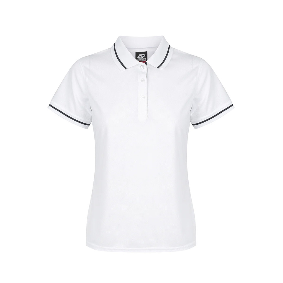 White + Navy Cottes Women's Contrast Mesh Knit Poly Polo Shirt, a breathable, moisture-wicking top with contrasting trim, ideal for corporate or team uniforms.