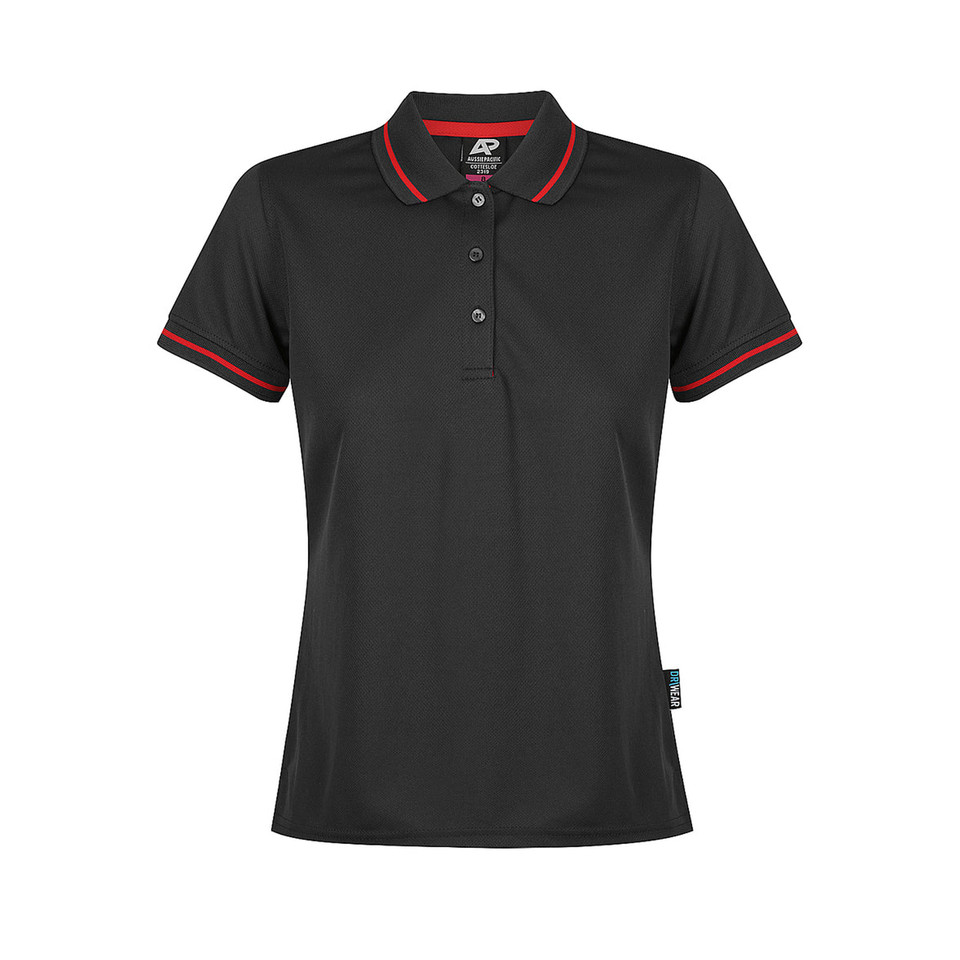 Black + Red Cottes Women's Contrast Mesh Knit Poly Polo Shirt, a breathable, moisture-wicking top with contrasting trim, ideal for corporate or team uniforms.